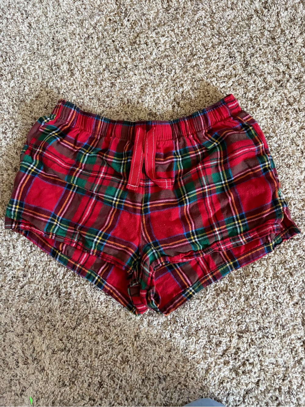 Old Navy Red Plaid Lounge Shorts with Green, Navy, Yellow, & White Accents